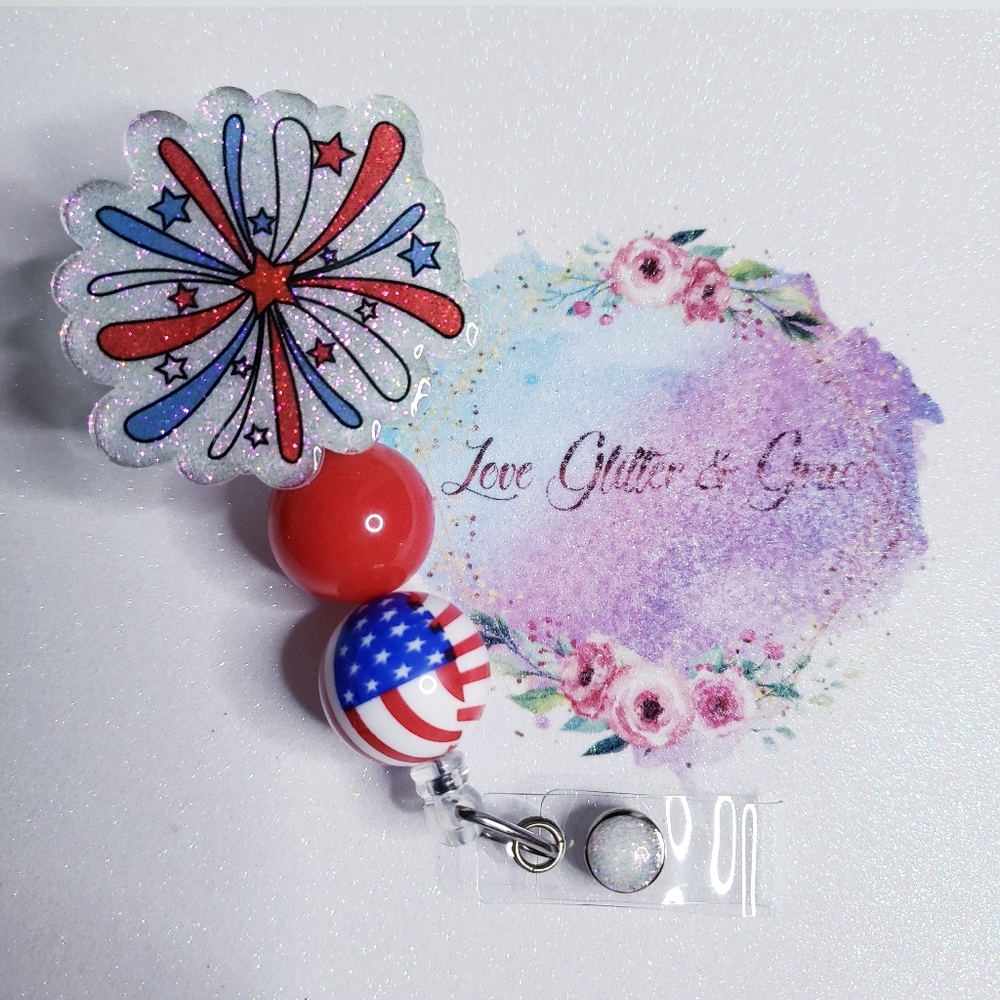 4th of July badge reel, glitter, nurse, healthcare